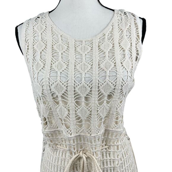 Lulus Women's Midi Dress Size Medium Ivory Crochet Cutout Sleeveless Tie Waist - Picture 2 of 12